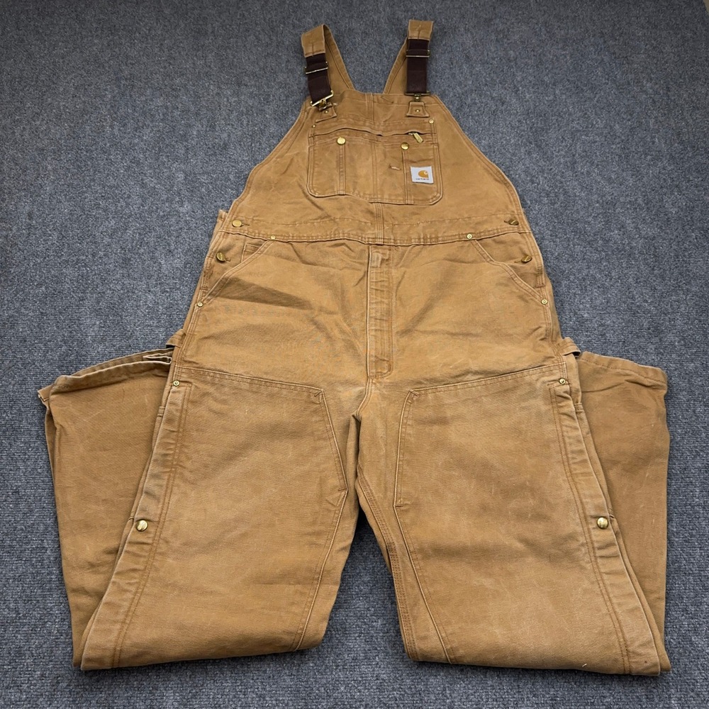 Carhartt R37 Zip-to-Thigh Firm Duck Bib Overall Mens 40x34 Brown Double Knee USA